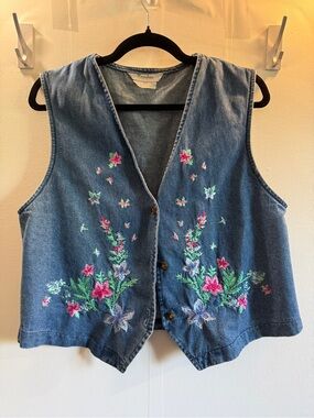 Vintage Tanjay Denim Vest Embroidered Floral 100% Cotton L Petite Cottagecore
